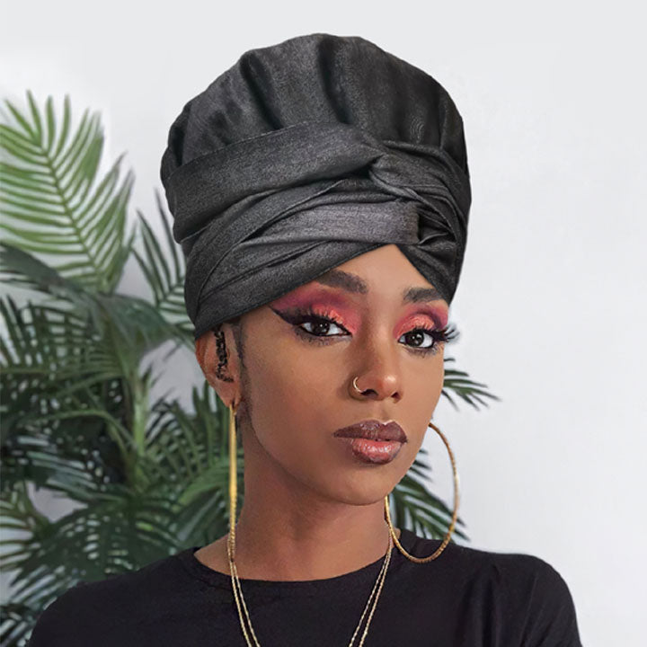 Denim Head Wrap-Black Jean(Satin-Lined)-EWA601